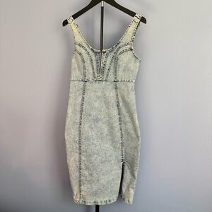 Acid Wash Denim-Effect Bodycon Midi Dress Bustier Adjustable Straps Size M Y2K